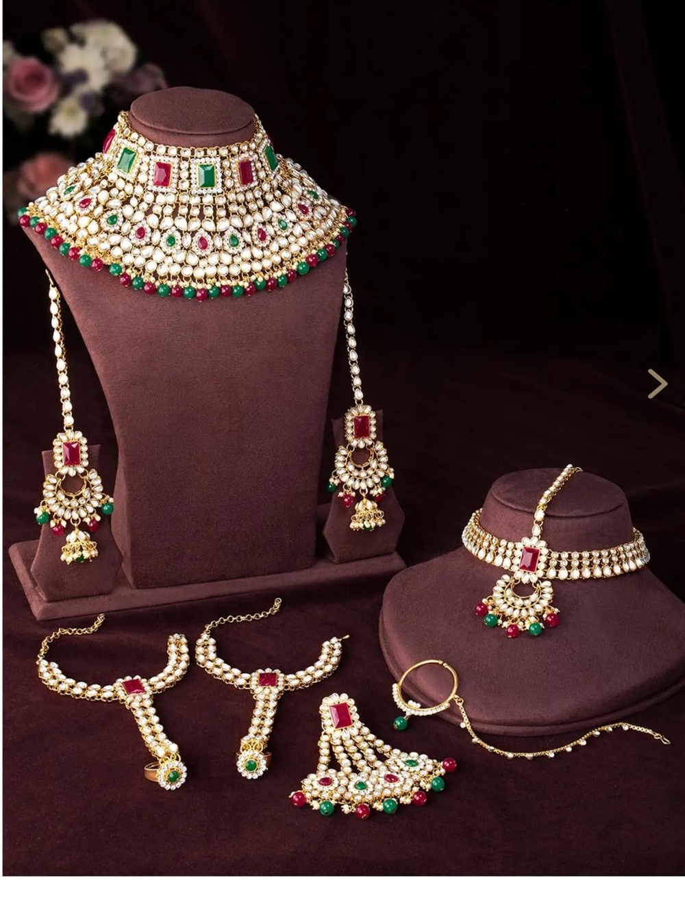 Traditional Kundan Bridal Jewelry Set with Green and Red Stones
